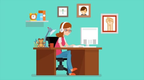 Flat Design Animation of Woman Working at Computer with Headphones