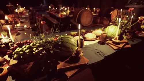 Candlelit Feast Table with Grapes and Watermelons