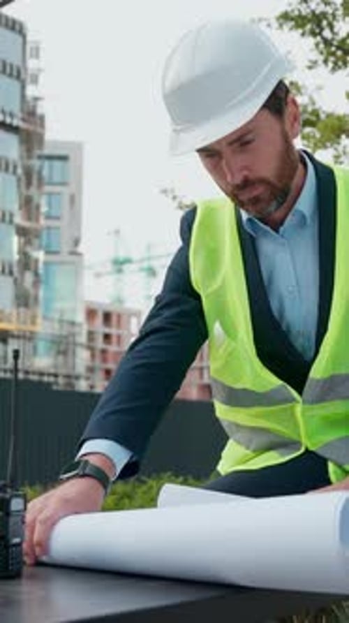 Pensive Male Architect Thoughtful Looking Around Check Blueprint Building Plan Think Urban