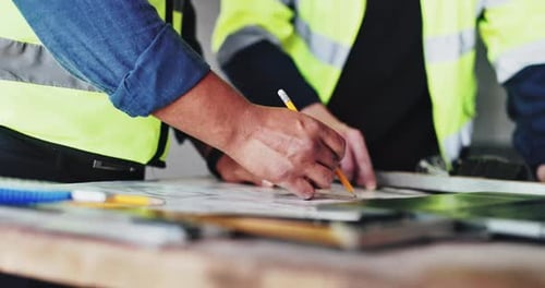 Team, blueprint and contractor hands for drawing on construction site, maintenance and planning