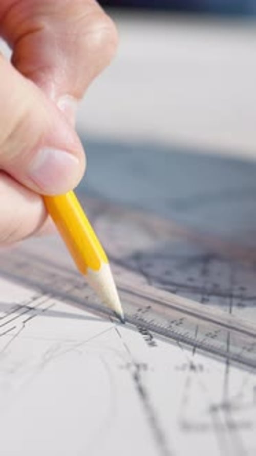 Arquitectura, regla y manos de una persona con disposición, diseño y plano para el proyecto de construcción