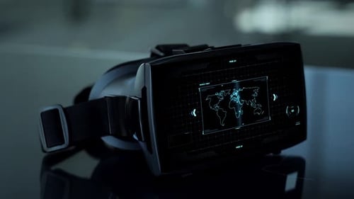 Virtual, Technology And Augmented Reality Concept - Vr Headset With Coding And World Map On Screen