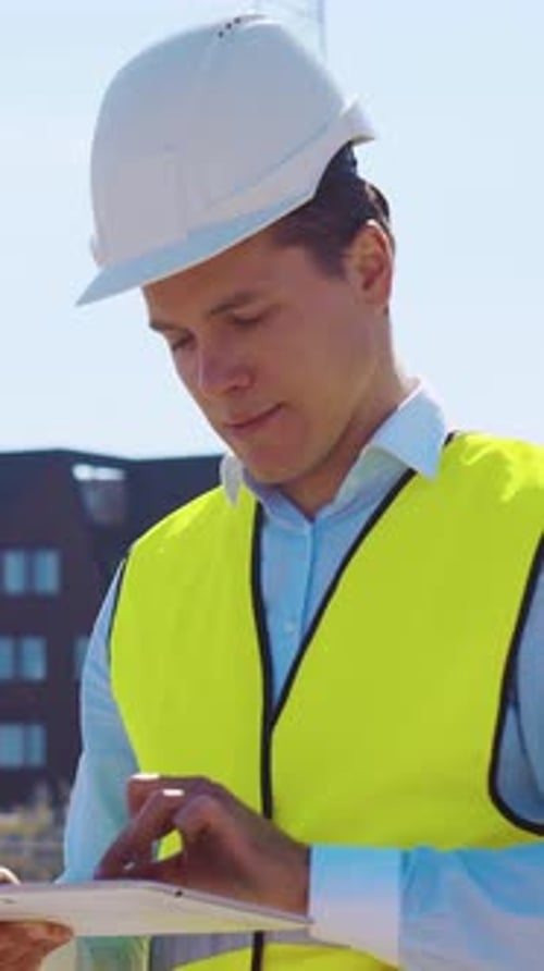 Professional Builder Standing in Front of Construction Site Foreman in Hardhat Helmet and Vest
