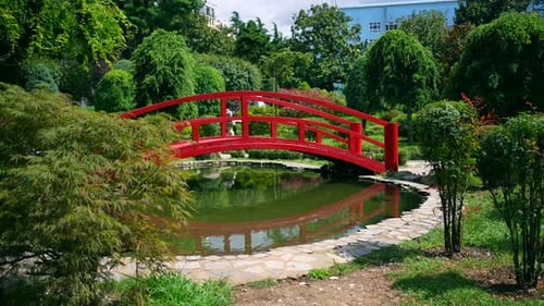 Bridge Over a Pond in a Small Garden Decorative Elements Japanese Style