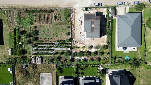 perfect aerial overhead of a Romanian neighborhood vegetable and fruit garden