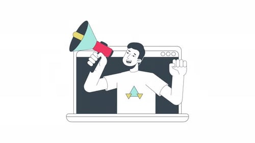 Hombre coreano con megáfono en la línea de visualización del portátil (animación 2D)
