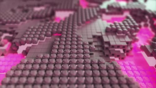 Abstract 3D Geometric Blocks Growing on Pink Grid Background