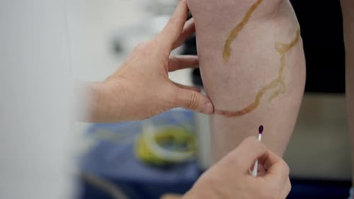 Médico marcando las venas de la pierna del paciente antes del tratamiento con láser