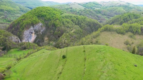 Spring meadow and arable farmland aerial view