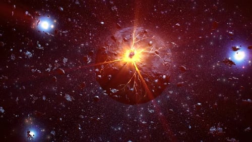Dying Alien planet glowing in deep space with asteroids