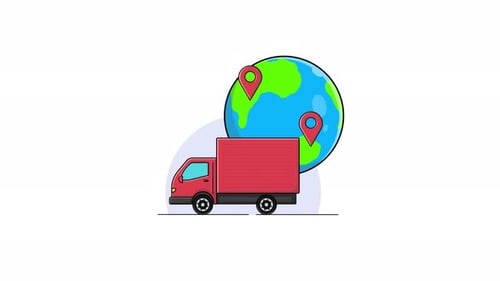 Animated Delivery Truck Moving Across Globe with Pin Pointers