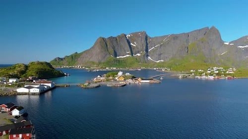 Aerial View of Lofoten Islands Norway Featuring Majestic Mountains and Tranquil Serene Waters