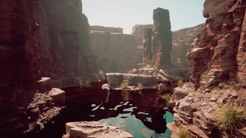 the River Flowing Through the Valley of Huge Red Rocks