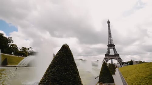 Trocadero Gardens on a summer day, Paris, France. Slow motion