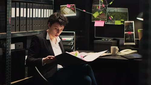 Young Woman Reviews Case File in Dark Office