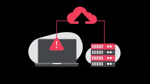 Animated Cloud Data Transfer Error with Laptop and Servers