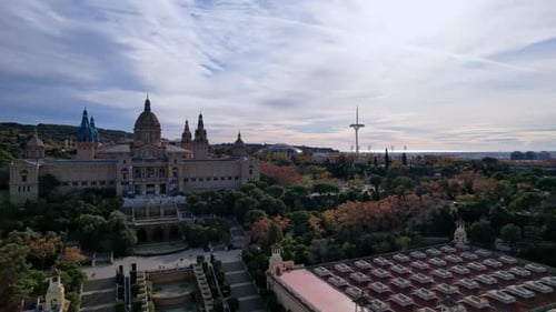 Panoramic aerial view of Magic Fountains (Font magica) underneath Museu Nacional de Art de Catalunya