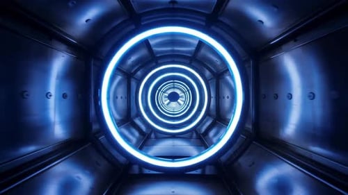 Futuristischer Science-Fiction-Tunnel mit leuchtenden blauen Neonringen
