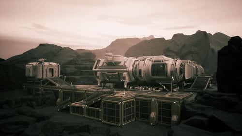 Colonist Base on a Distant Planet with Rugged Terrain Under a Hazy Sky