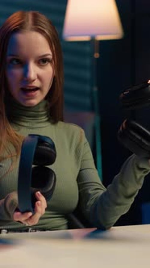 Vertical Video Gen Z Influencer in Home Studio Films Headphones Comparison Video