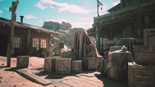 Dusty Old Western Town with Covered Crates and Rugged Wooden Structures