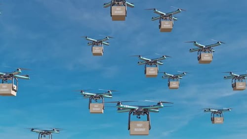 Multiple Drones Delivering Fast Packages in a Blue Sky