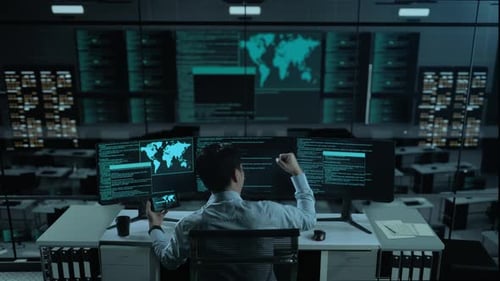 Happy Asian Man Looking At Code On Mobile Phone While Write Code With Multiple Screens In office