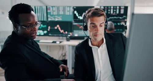 Businessmen, stock market or discussion with headset for financial analysis, statistics or graphs