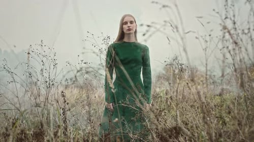 Model posing in green dress as smoke rises around her