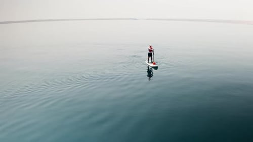 Lone Paddle Boarder on Calm Ocean Waters