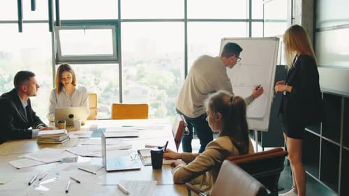 In a Welllit Office Businesspeople Have a Productive Team Meeting Brainstorming and Discussing