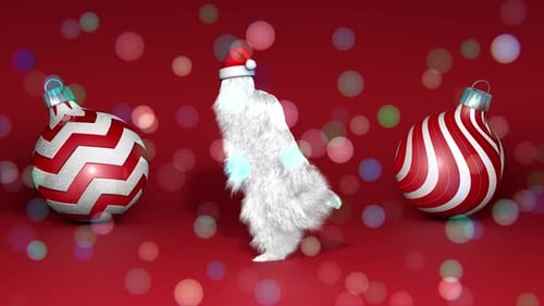 Happy Santa Yeti Dancing with Festive Christmas Decorations