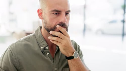 Computer, reading and business man thinking of idea for ux web design, app wireframe