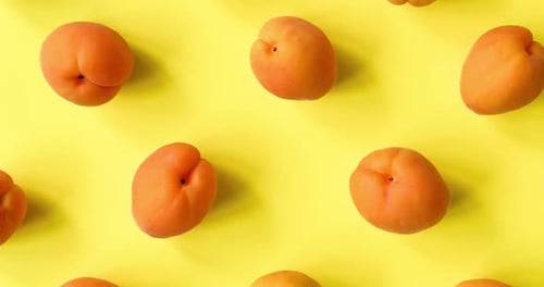 Video of Apricots Pattern on Yellow Background Apricot Pattern Top View Flat Lay Summer Fruit
