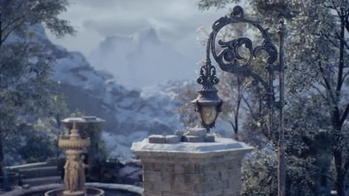 Snowy Landscape with Ornate Street Lamp and Fountain Amidst Mountains