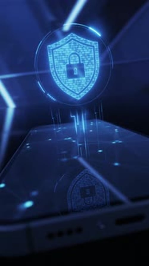 Concepto de protección de datos y privacidad o antivirus del icono Cybersecurity Shield, holograma y teléfono inteligente