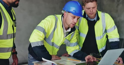 Teamwork, planning and engineering with people and laptop for construction site