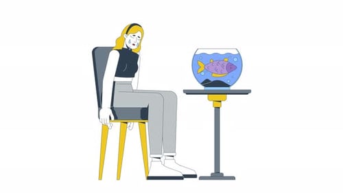 Sad woman crying beside fishbowl with dead fish cartoon animation