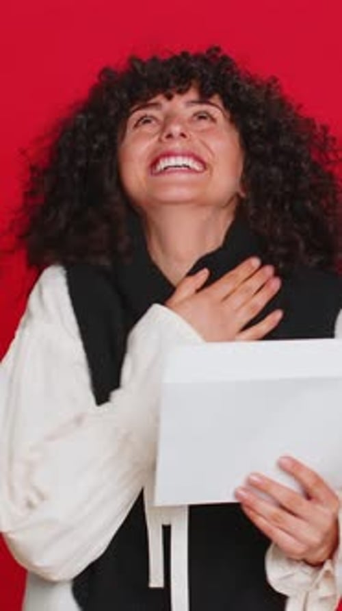 Happy Young Woman Open Envelope Take Out Letter Reads Bank Loan Approve Great News Award Win