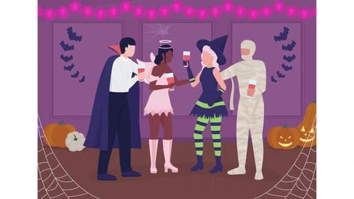 Halloween Party Animated Flat Design Illustration with Costumed People