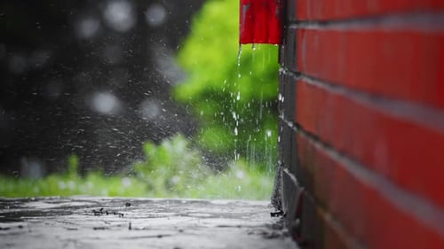 Rain Water Cascading Down Red Urban Drainpipe