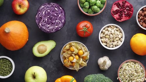Overhead Shot of Fruits and Vegetables Zooming Out