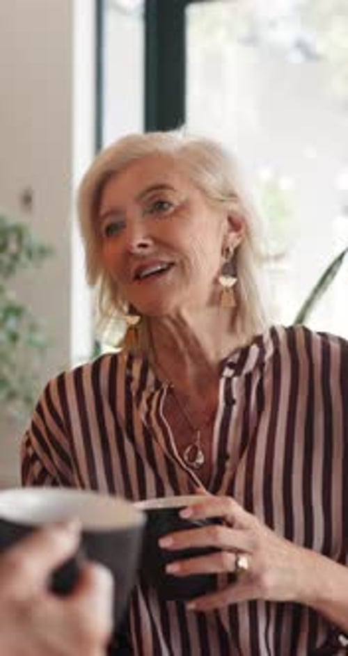 Elegant Woman Enjoying Coffee and Conversation Indoors