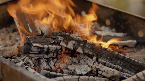Wood burning in a barbecue grill
