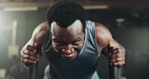 Black man at gym, weight sled and muscle endurance, strong body and core balance power in fitness