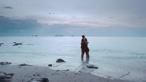 Couple in Love Stands at Edge Sea in Each Others Arms Looking Endless Horizon Coolness Sea Water and
