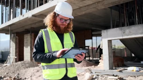 Close-up smart engineer holding digital tablet typing with his finger on the screen of device