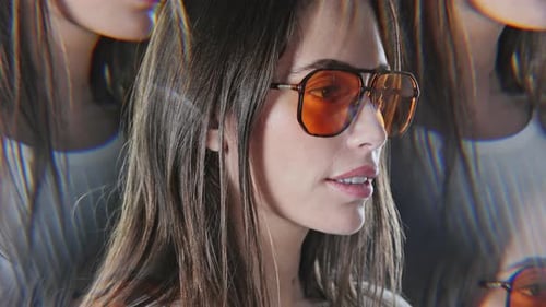 Stylish Young Woman Wearing Orange Glasses Zooms In
