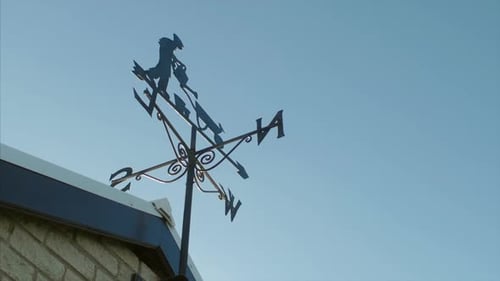 Eine SCHWENKAUFNAHME EINER WETTERFAHNE IN EINEM GARTEN AUS NIEDRIGEM WINKEL.