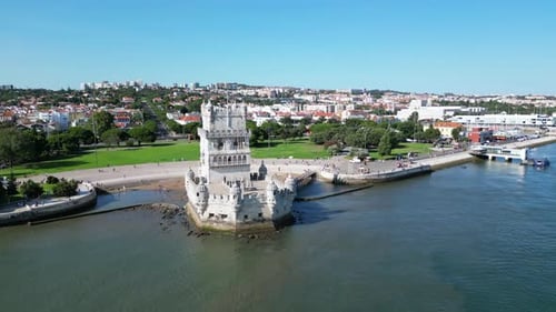 Aerial Panorama of Belem Tower (Torre de Belém) in Portugal on a Sunny Day.